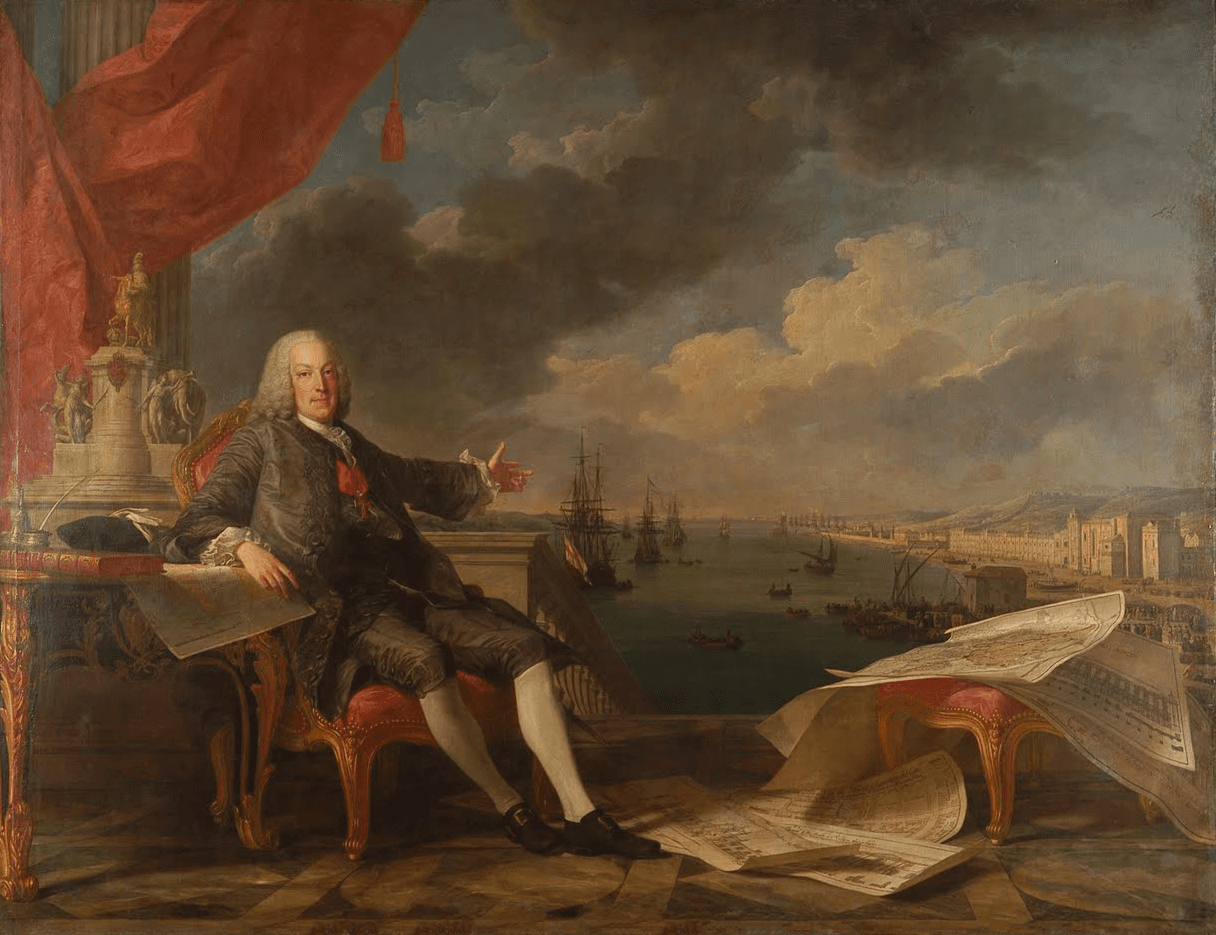 A portrait of a man in a powdered wig seated at a table strewn with maps and plans, gesturing towards a harbour view.