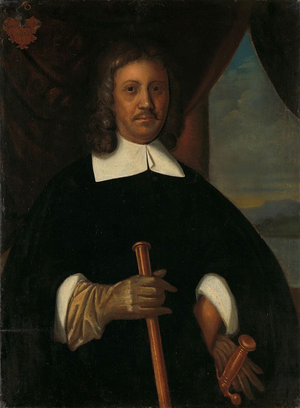 An oil portrait of a man in a black coat and white collar, holding a baton, with a dark red curtain and a distant landscape behind him.