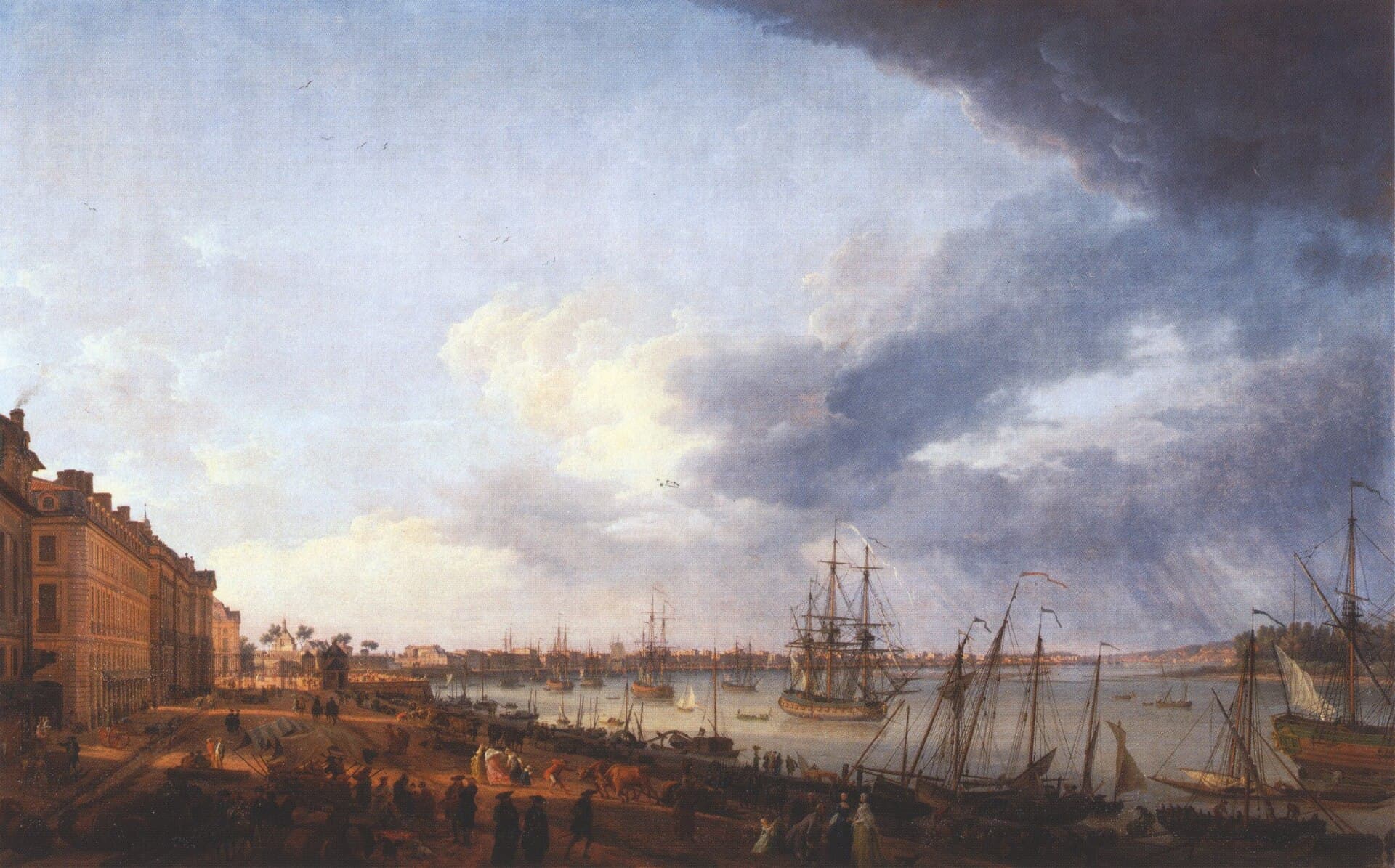 A painting of the Bordeaux waterfront under a stormy sky, with merchant ships at anchor and carts and figures on the quay.