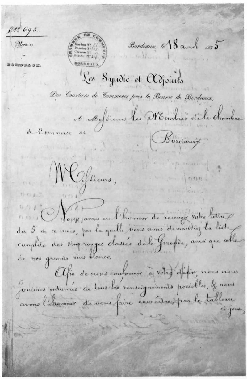 A handwritten letter dated Bordeaux, 18 April 1855, from the wine brokers to the members of the Chamber of Commerce.