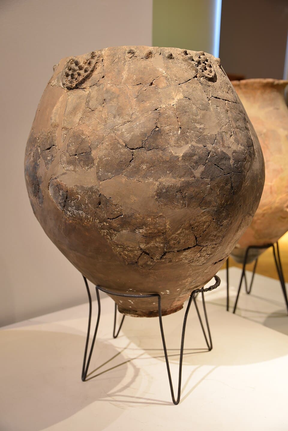 A cracked terracotta jar with moulded clusters of grapes on its shoulder, on a display stand in a museum.