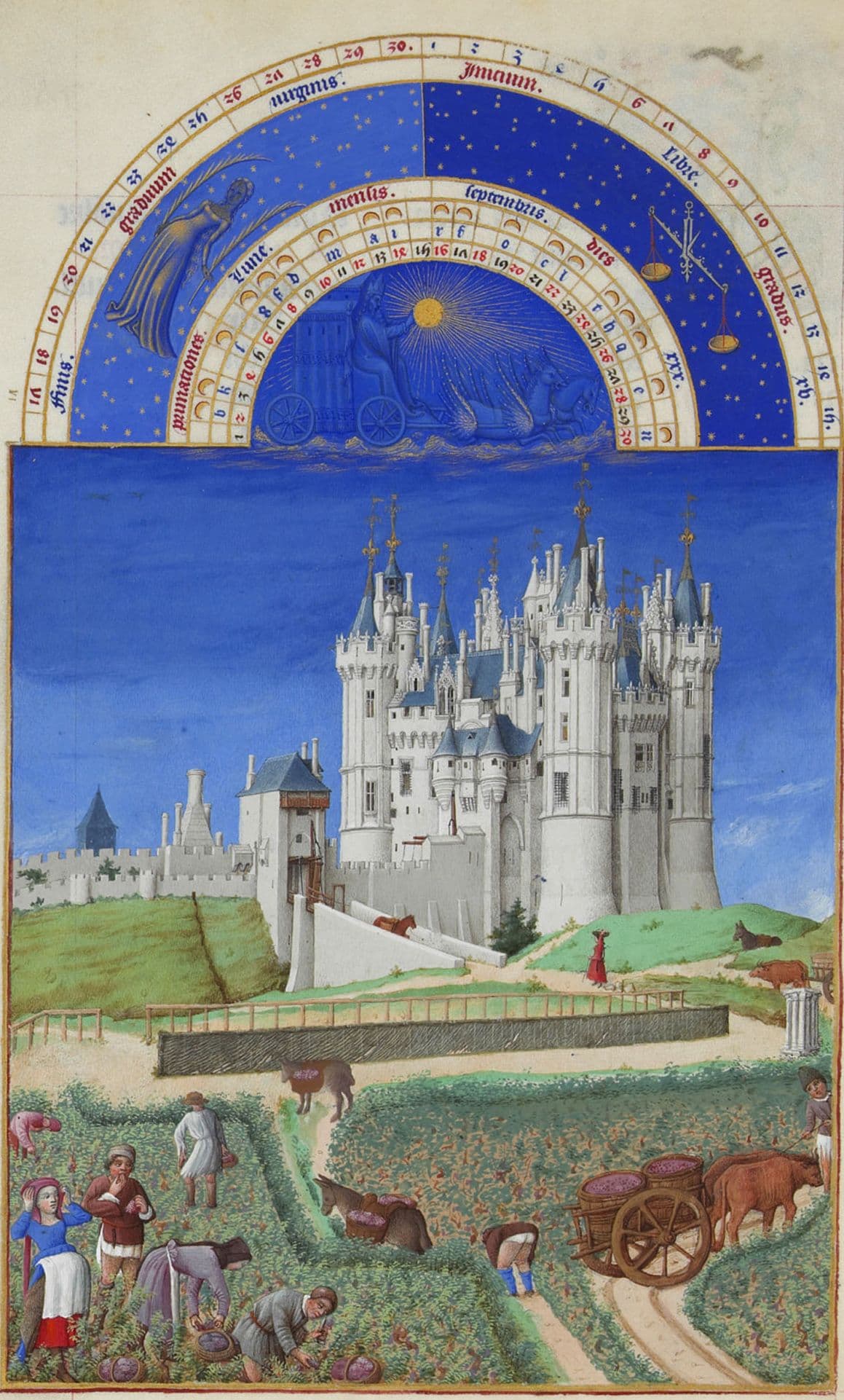 A medieval manuscript page: a white castle above vineyards where peasants pick grapes into baskets, under a calendar arc of the zodiac.