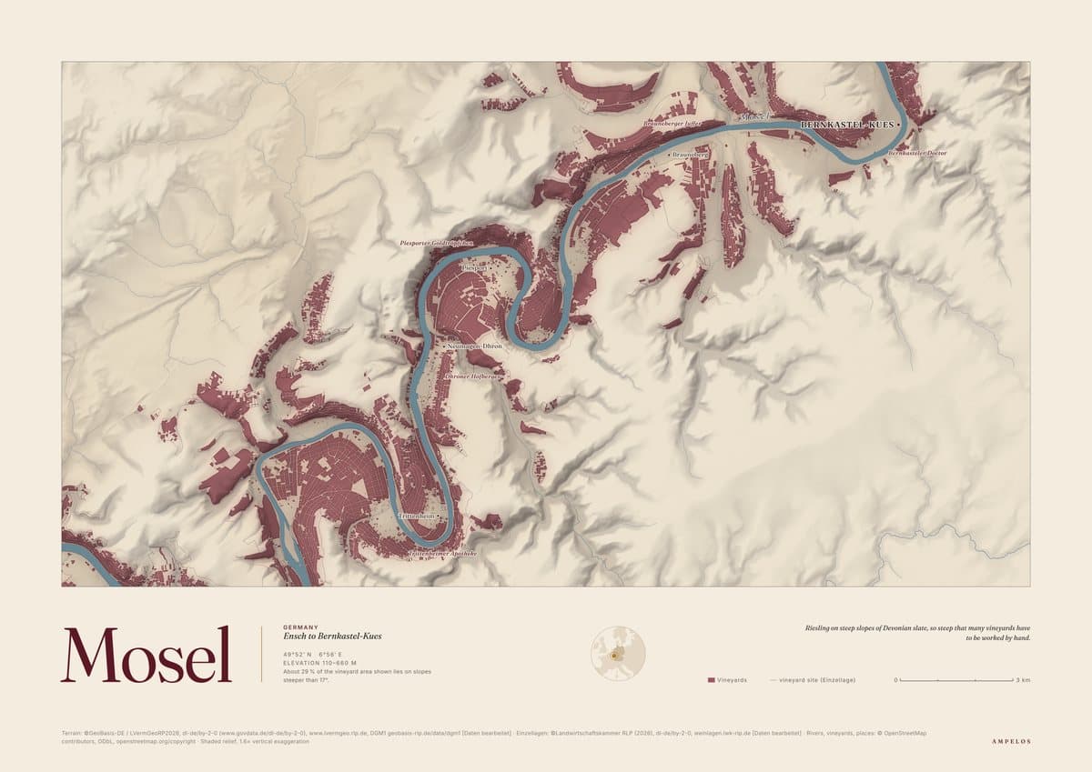 A Mosel poster: the river's bends in shaded relief, vineyards in deep red, the title Mosel below