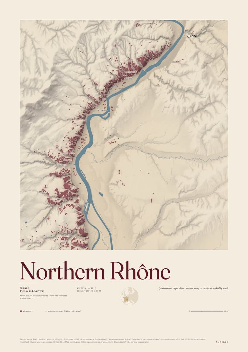 Northern Rhône poster, Côte-Rôtie and Condrieu framing, in the parchment colourway